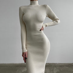 High Collar Mid Length Sunken Stripe Knitted Dress Solid Color Wool Tight Dress