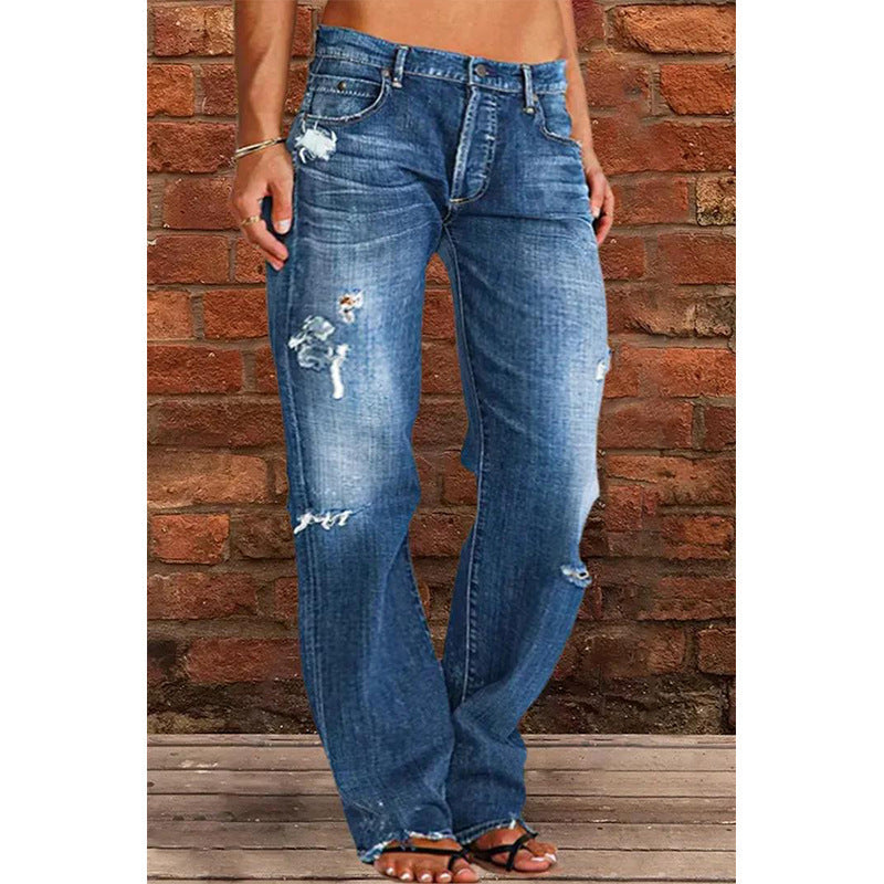 Denim Trousers Mid Waist Straight Leg Pants