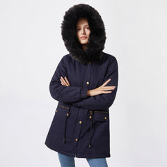 Parka Fleece Lined Coat with Fur Collar Hooded Warm Jacket Loose Cotton Coat Plus Size