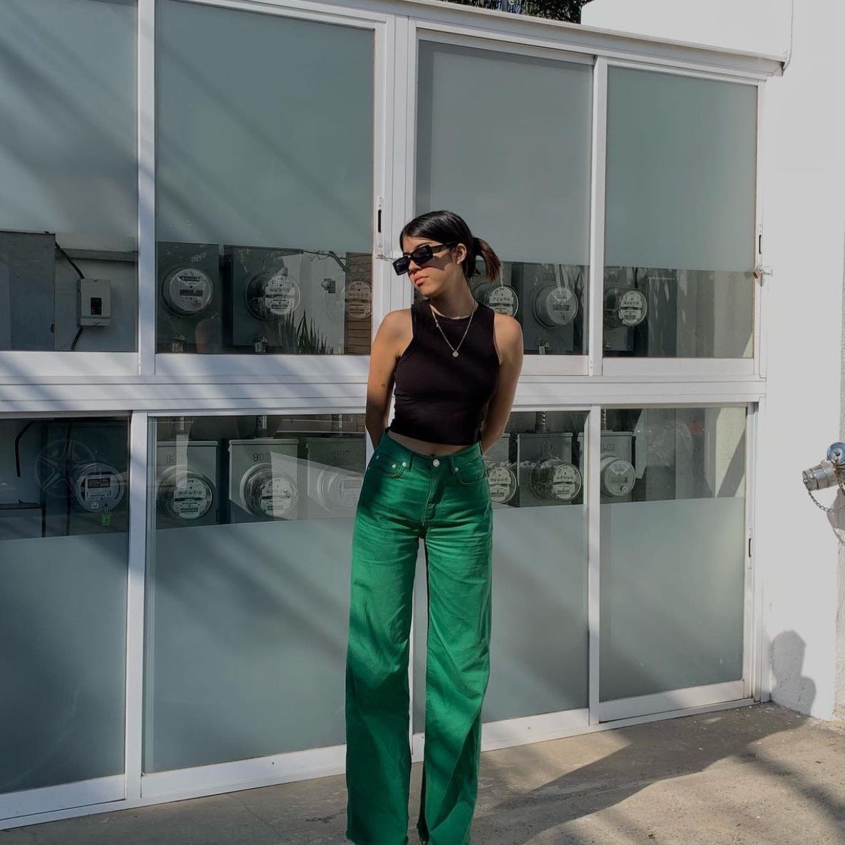 Pantalon droit vert High Street Jeans Street Pantalon ample à coupe ample