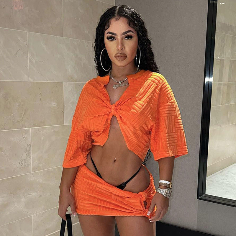 Solid Color Half Sleeve Twisted Top Skirt Casual Suit