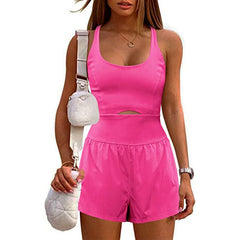 Sports Shorts Hollow Out Cutout Cross Back Loose Comfortable Workout Vest Jumpsuit