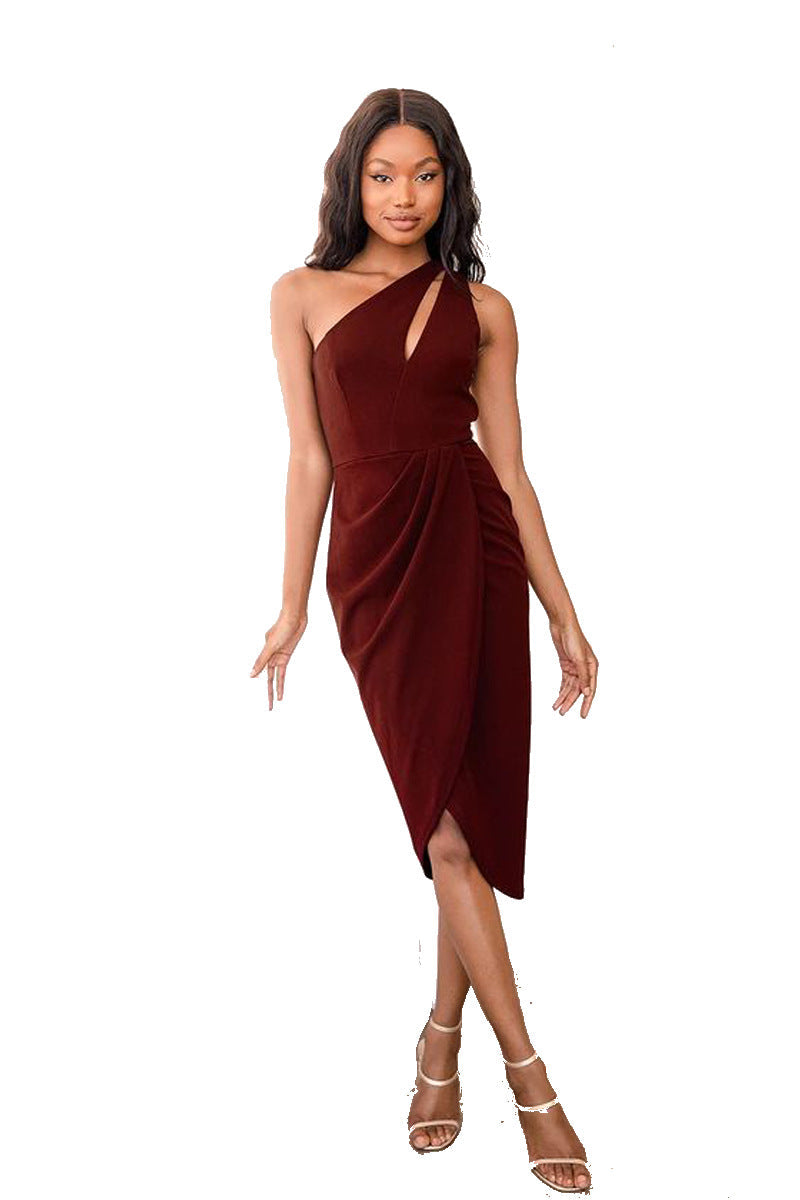 Hip Oblique Shoulder Hollow Out Cutout Pleated Slit Christmas Dress