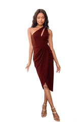 Hip Oblique Shoulder Hollow Out Cutout Pleated Slit Christmas Dress