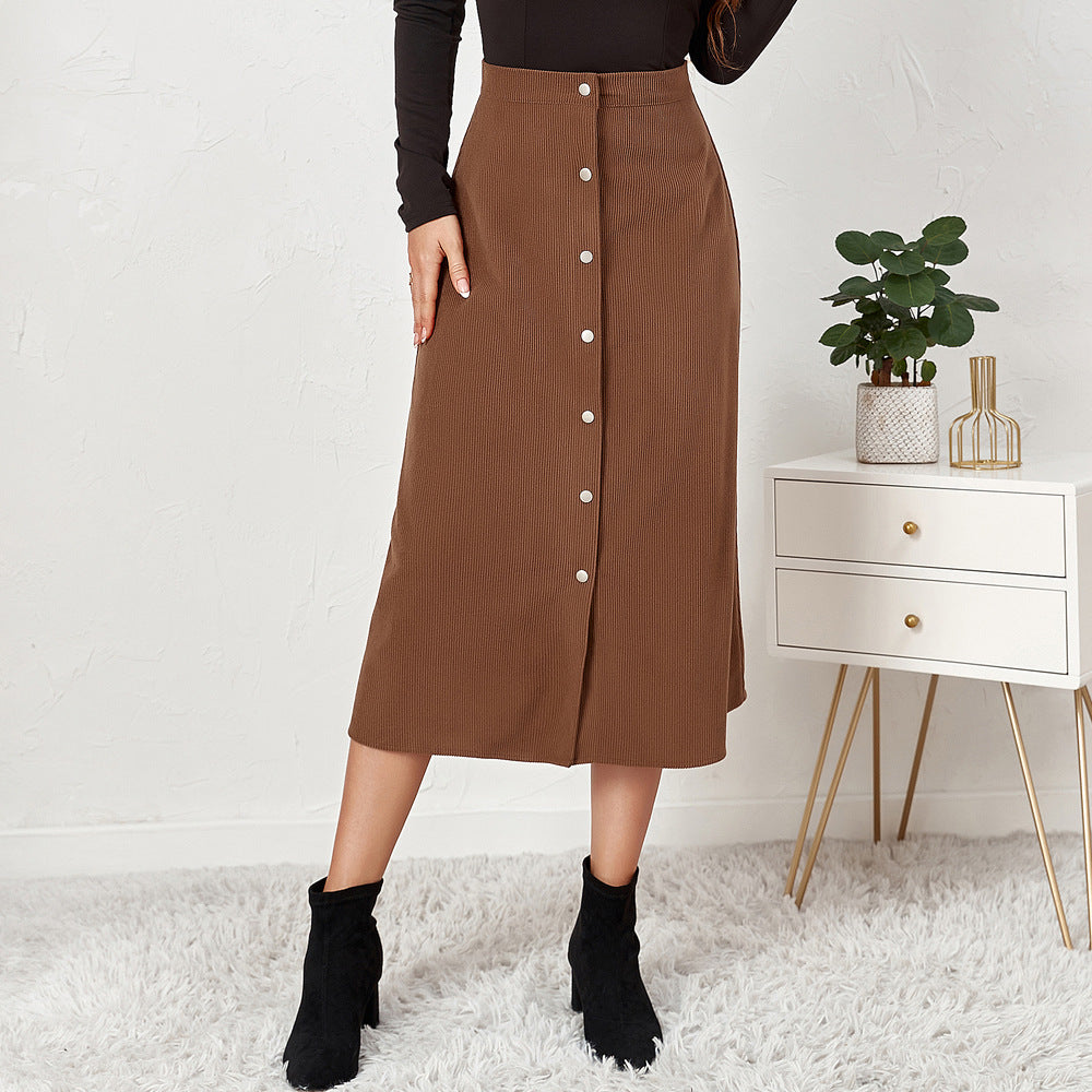 Boutique Corduroy Skirt Single Breasted High Waist Maxi Skirt