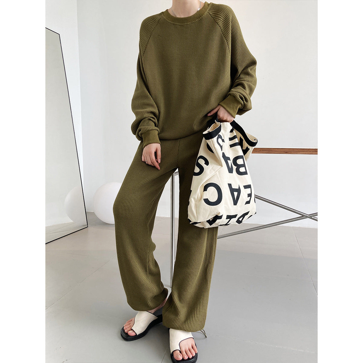 Korean-Style Long-Sleeved Waffle Sweater Ankle-Tied Sweatpants Two-Piece Suit Casual Exercise