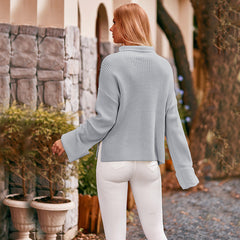 High Collar Pullover Sweater Slit Hemline Hem Bell Sleeve Sweater