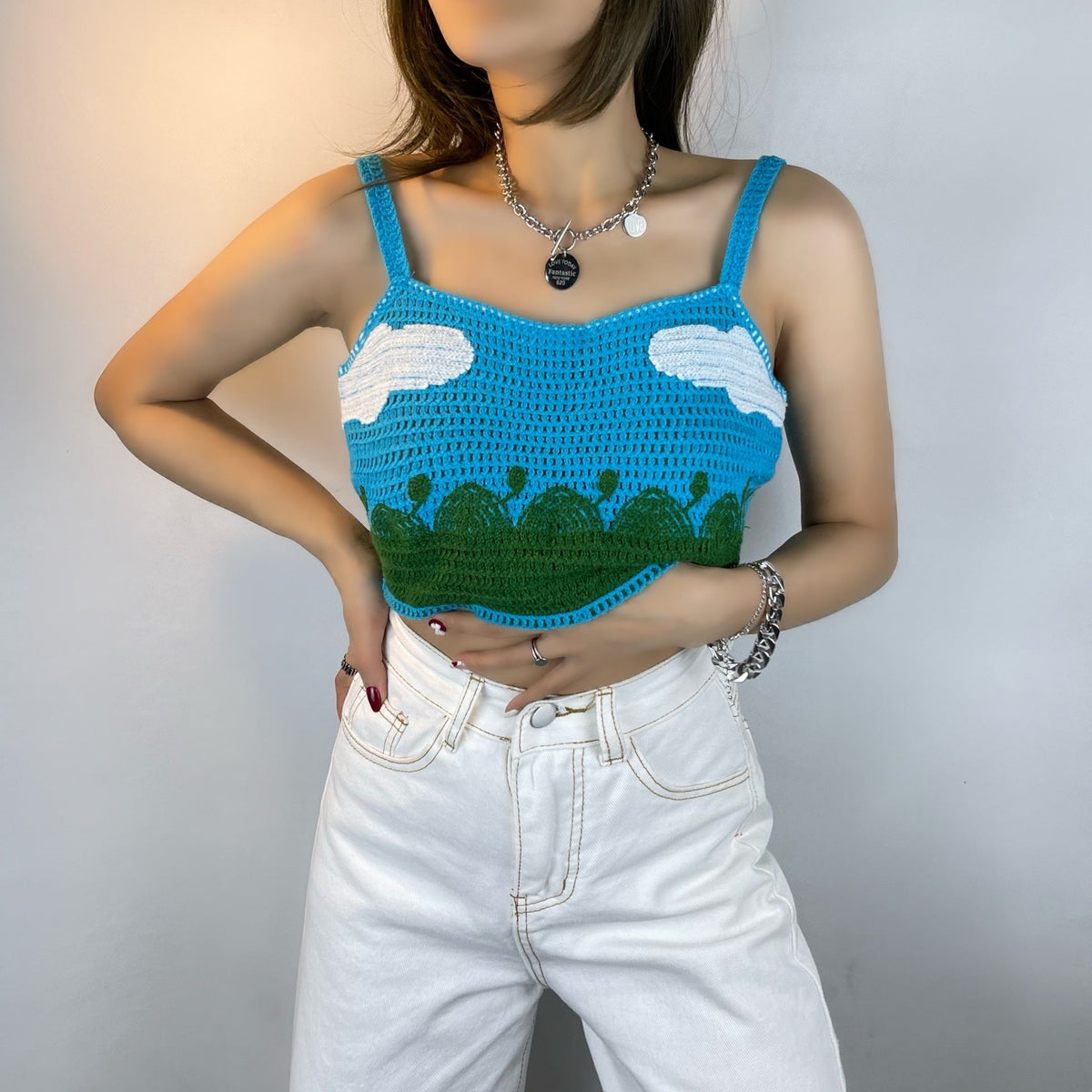 Fresh Blue Cloud Knitted Vest Camisole Exposed All Matching Short