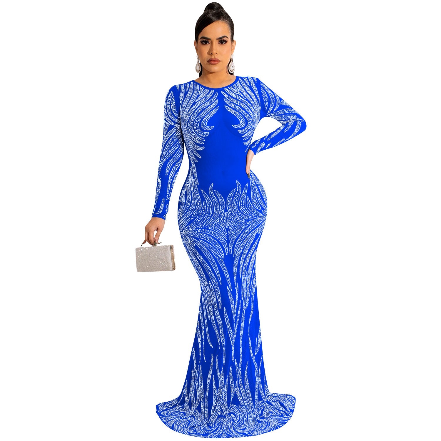 Night Club Rhinestone Mesh See through Long Sleeve Dress Dress