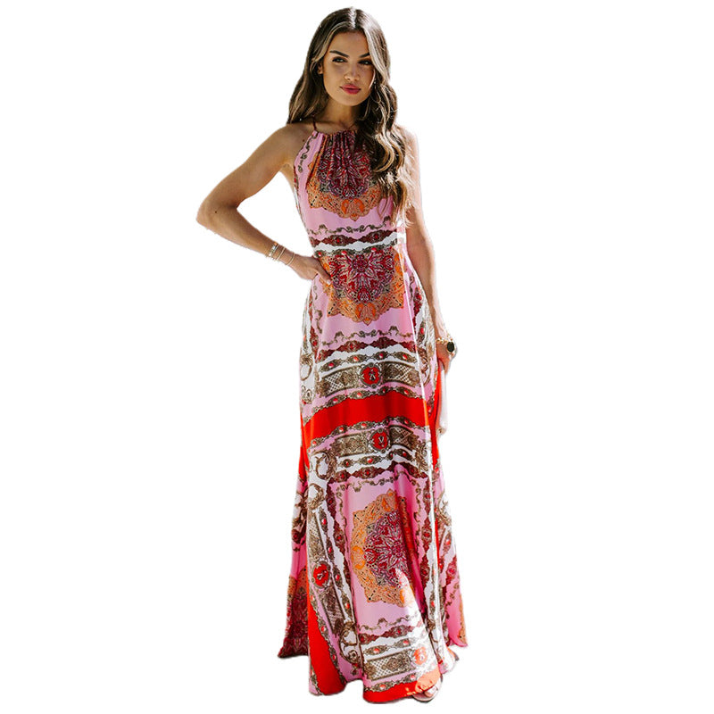 Neckholder-Maxikleid mit exotischem Druck und hoher Taille, ärmellos, Bürokleid