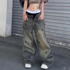 Jean taille basse style rétro style hip-hop, imprimé vieilli, simple, lettres graphiques, ample, décontracté, jambes larges
