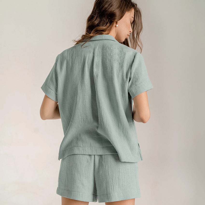 Cotton Linen French Simplicity Sports Shirt Shorts Double Layer Gauze Pajamas Homewear