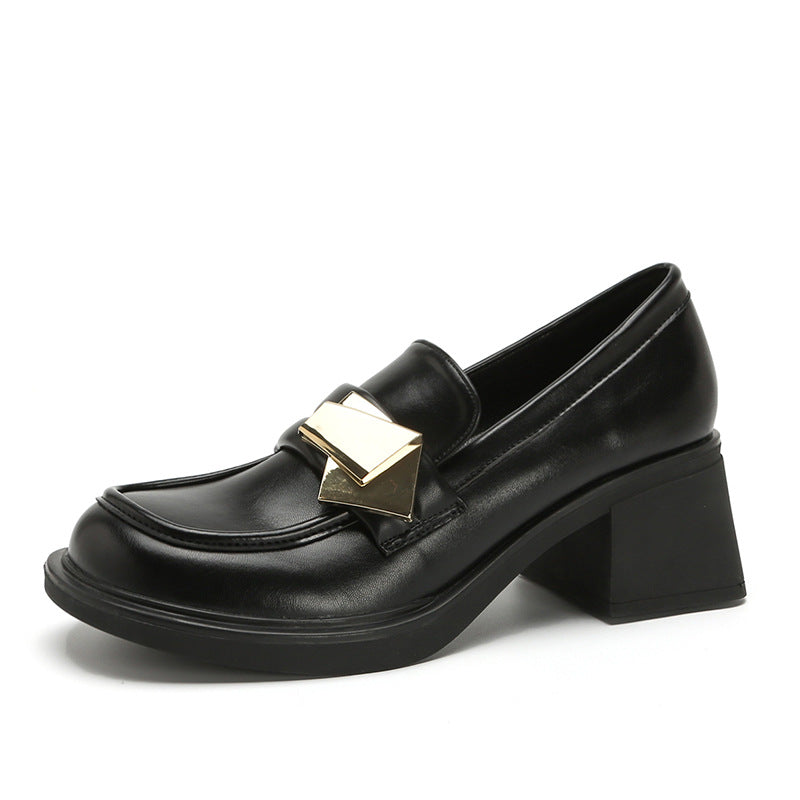 New Slouchy Black High-heeled Genuine Chunky Heels