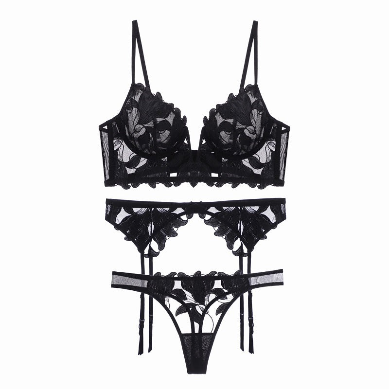 Underwear 3 Piece Suit with Steel Ring Push up Deep V Plunge Plunge Ultra-Thin Yarn Embroidered Bra Garter Underwear
