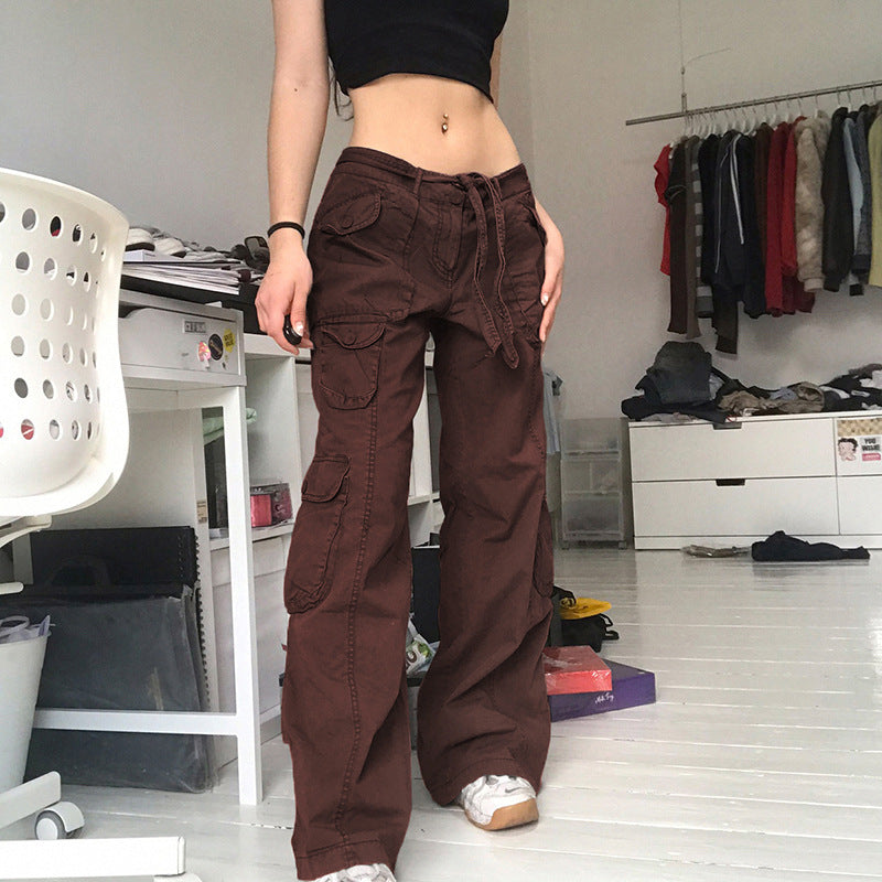 Jean cargo taille basse à lacets, couleur unie, multi-poches, pantalon patchwork amincissant