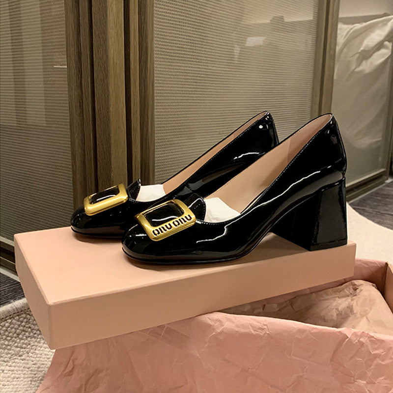 Women's Toe Metal Buckle Square Chunky Professional