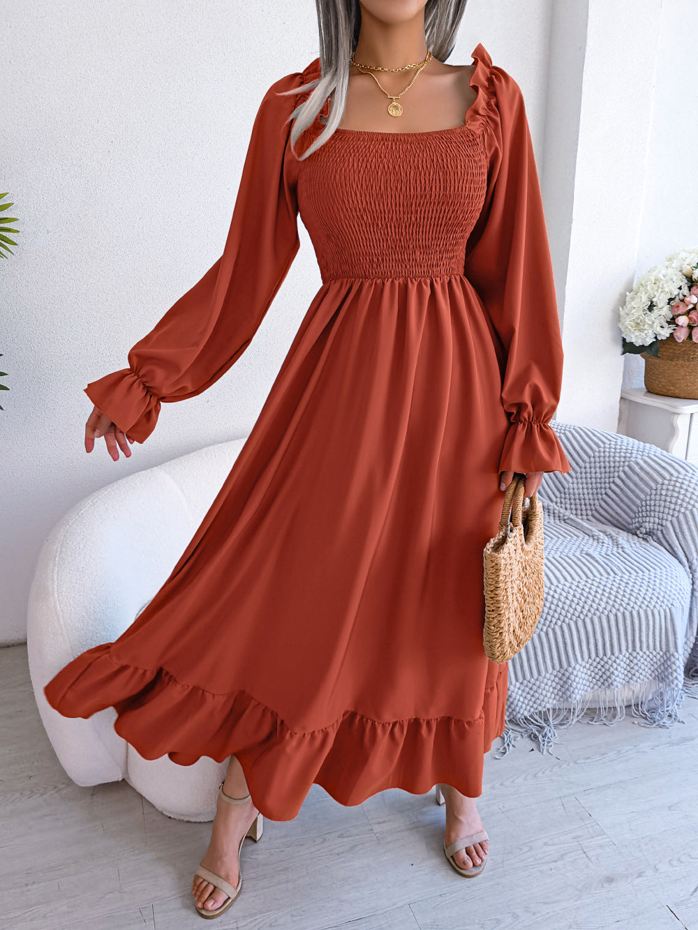 Robe longue décontractée à col carré, évasée et à volants