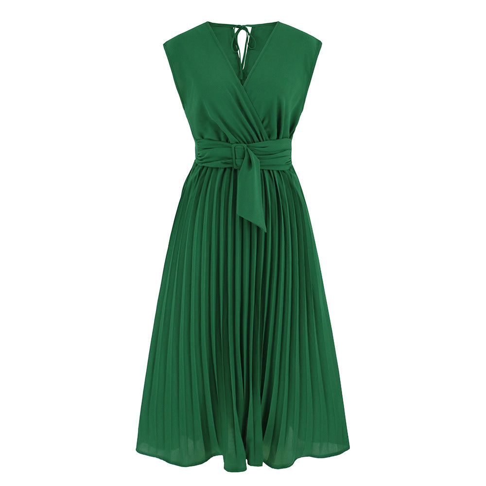 Sleeveless V neck Lace up Dress Slim Fit Pleated Mid Length Dress Popular