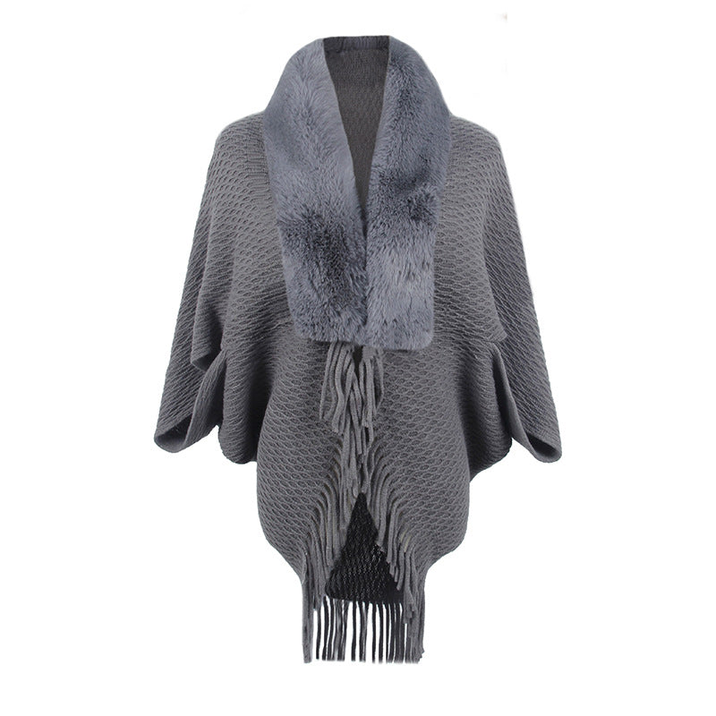 Wool Rain Fur Collar Knitted Tassel Cape Coat Outdoor Shawl
