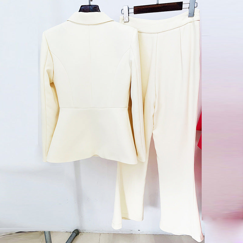 Star Simple Cream Color Hidden Hook Waist Tight Suit Bell Bottom Pants Suit Two Piece Suit