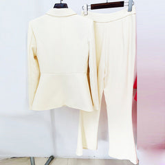 Star Simple Cream Color Hidden Hook Waist Tight Suit Bell Bottom Pants Suit Two Piece Suit