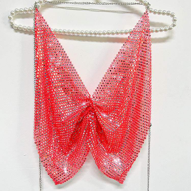 Rhinestone Mesh Halter Spaghetti Straps Vest Backless Nightclub Top