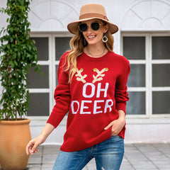 Sweater Christmas Loose Idle Letters Antlers Crew Neck Pullover Sweater