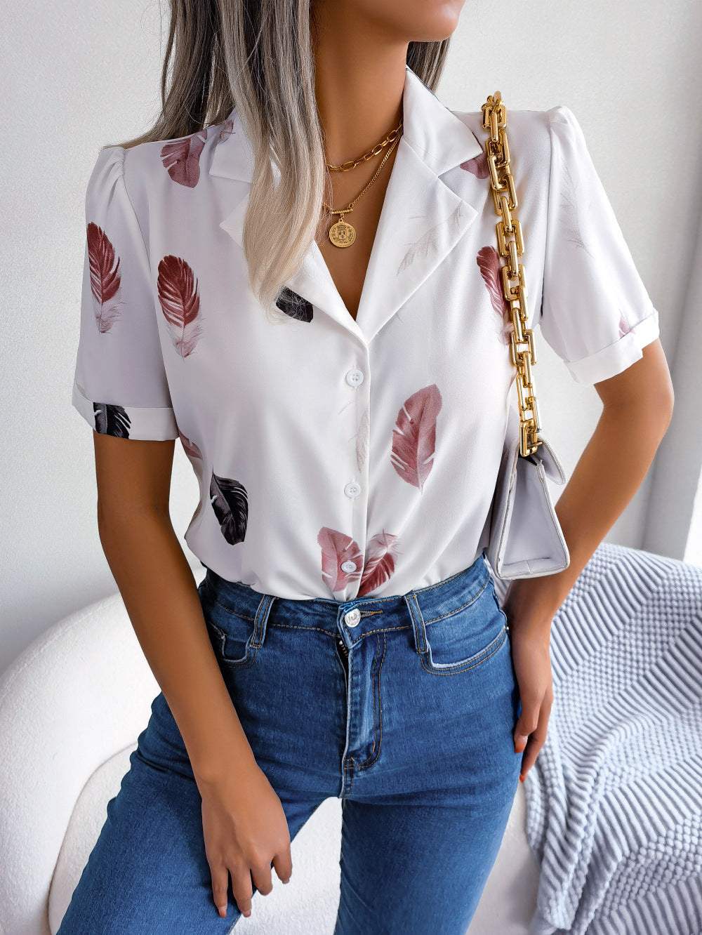 Elegant Collar Feather Loose Short Sleeve Shirt