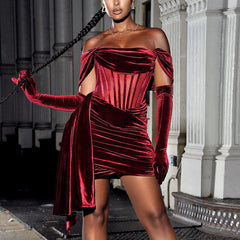 Boning Corset Boning Corset Velvet Strapless See through Ruffle Hip Short Christmas Dress