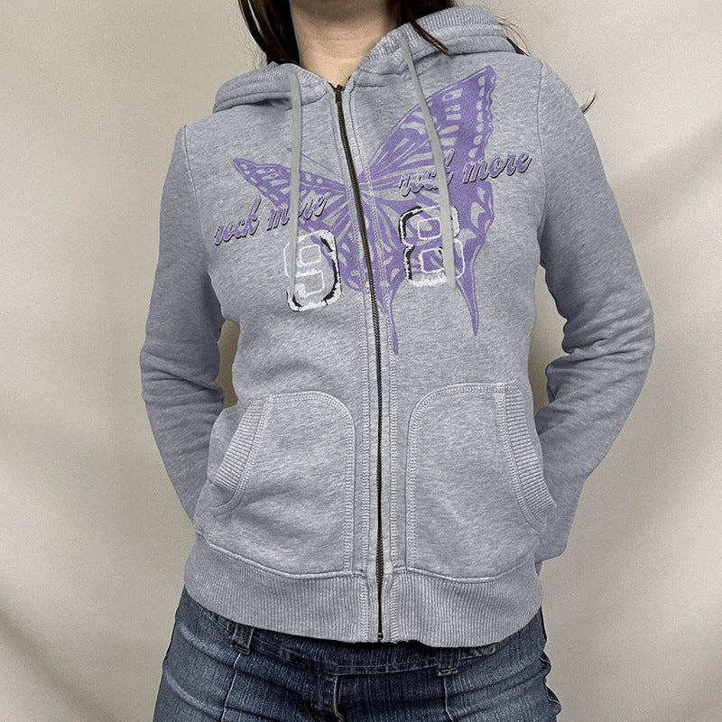 Cardigan à capuche imprimé papillon, manteau zippé, manches longues, haut décontracté