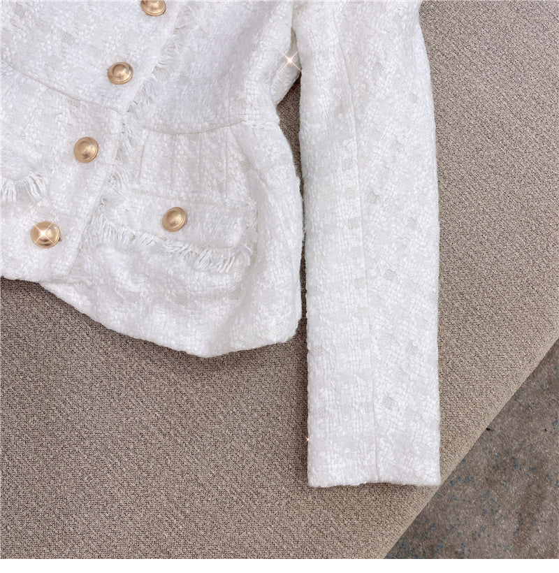 Chanel-Style White Shiner Tweed Coat Jacket Shorts Suit Two-Piece Set