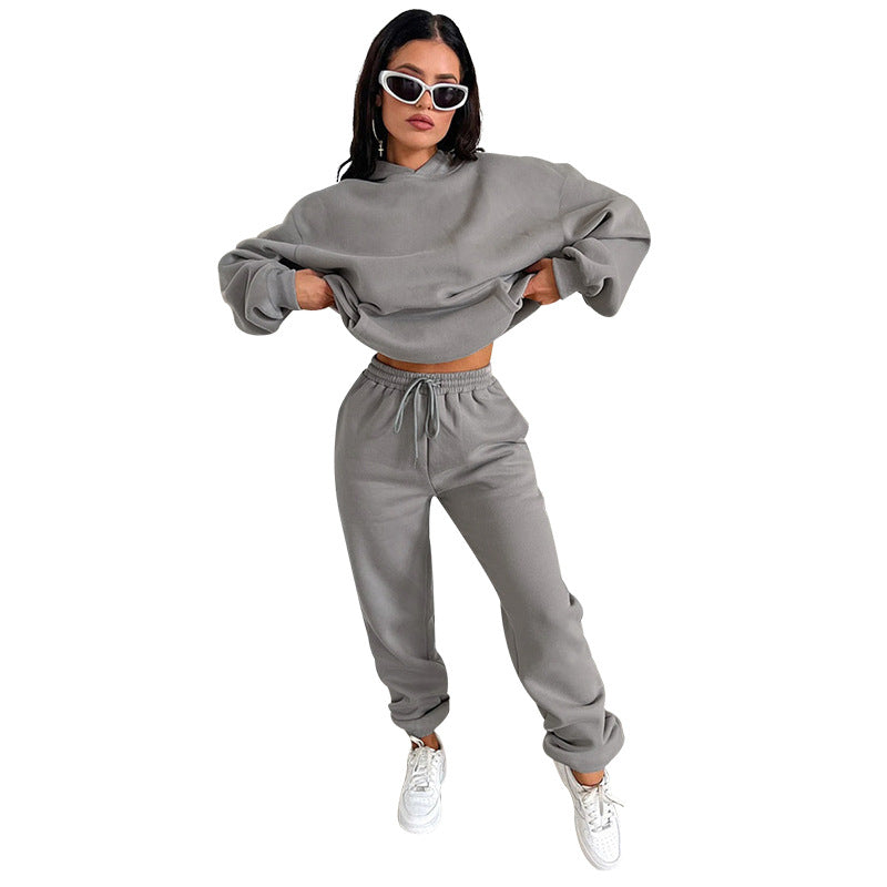 Solid Color Long Sleeve Hooded Fleece Lined Sweater Casual Trousers sets