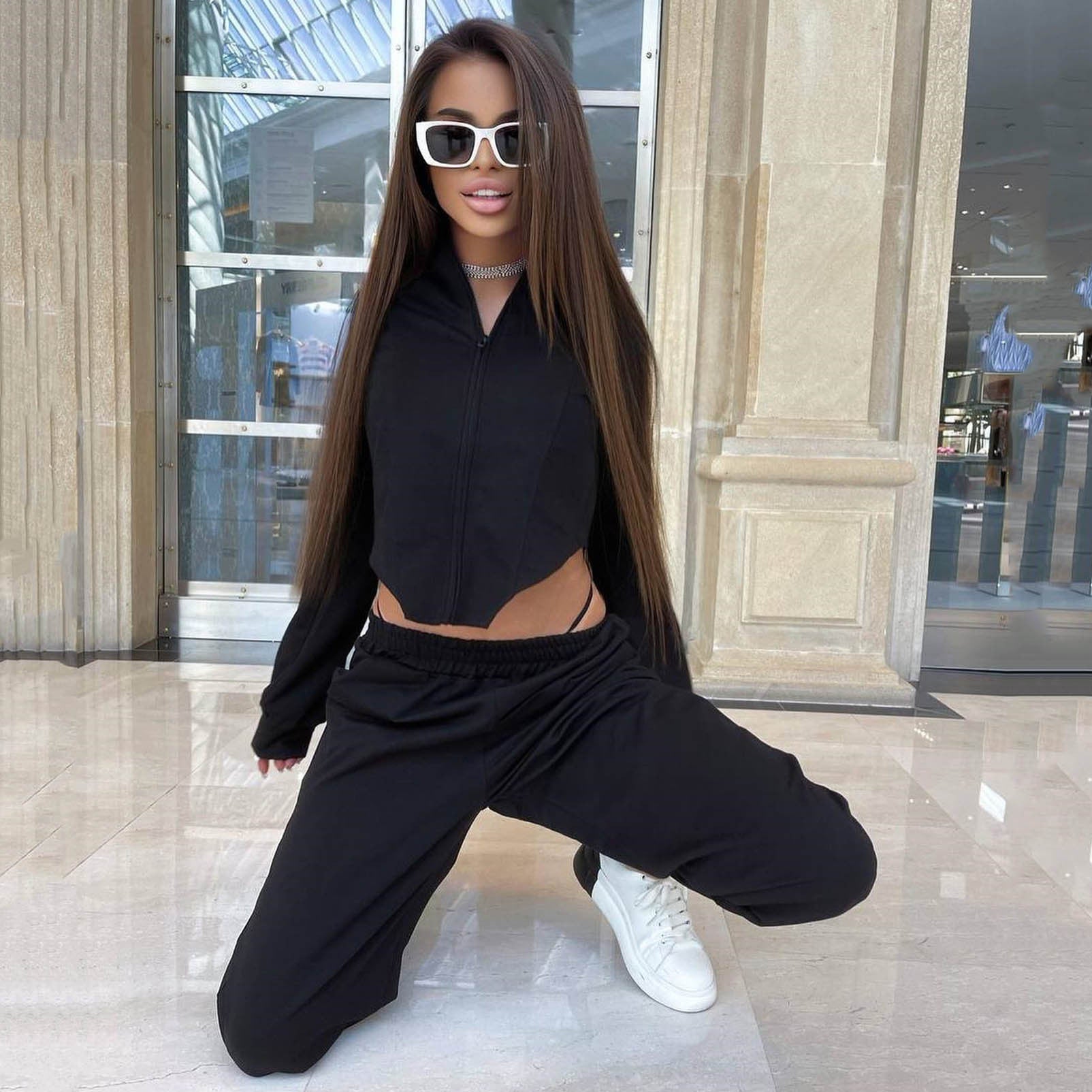 Fall Casual Sweatshirt Outfit round Neck Zipper Top Cutout Loose Sweatpants Two Piece Set