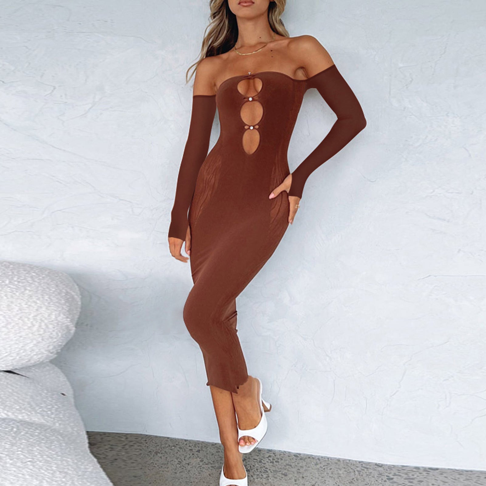 Netzkleid, Langarm, ausgehöhltes Tube-Top, Patchwork, Perlenbesetztes Etuikleid