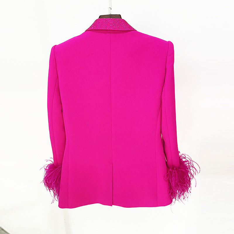 Star Luxury Ostrich Feather True Feathers Rhinestone Green Fruit Collar Blazer