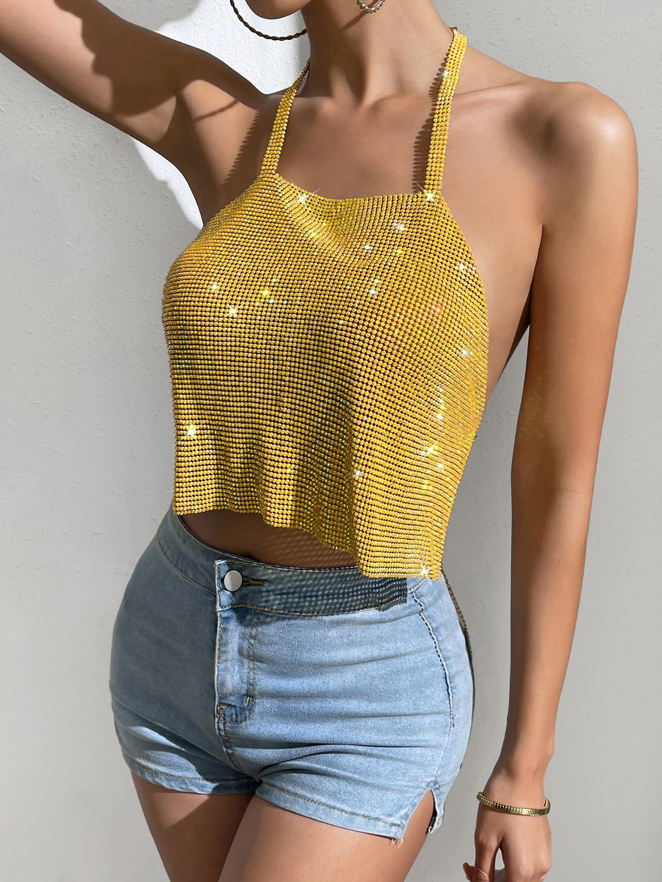 Quick Nightclub Metal Shiny Diamond Backless Square Collar