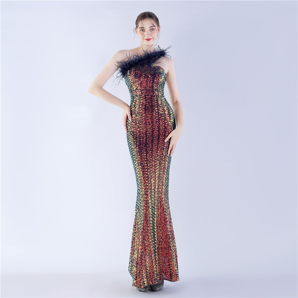 Craft Order – Abendkleid mit Straußenfedern, einer Schulter, diagonalem Kragen, hoher Dichte und Pailletten