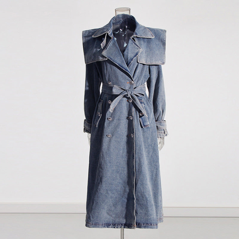 Eleganter Denim-Trenchcoat mit Polokragen und Schnürung