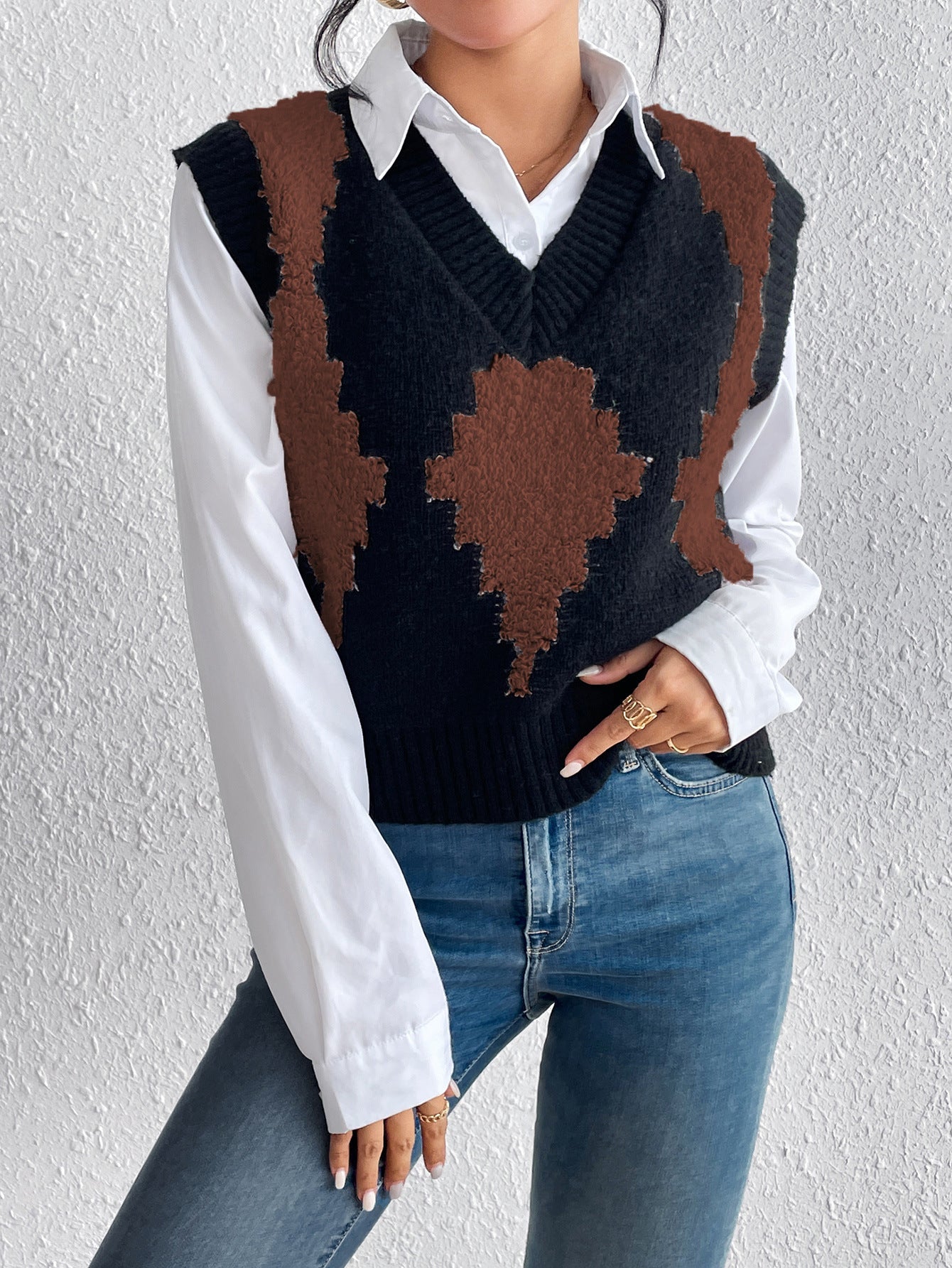 Simple Color Contrast Patchwork Diamond Lattice Pullover Vest Knitted