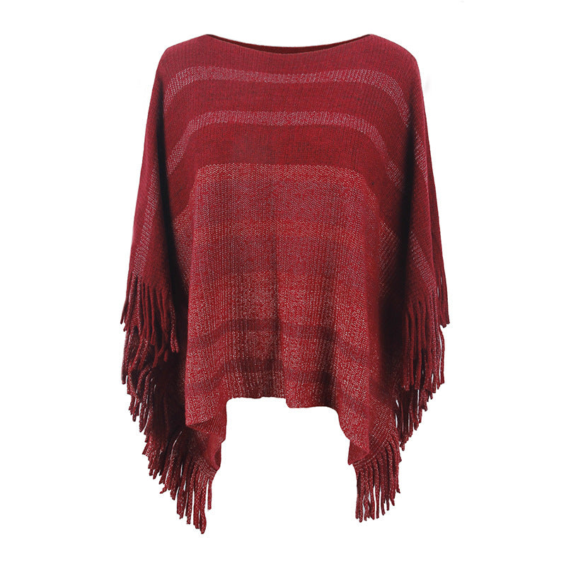 off Neck Tassel Shawl Contrast Color Striped Cape Coat