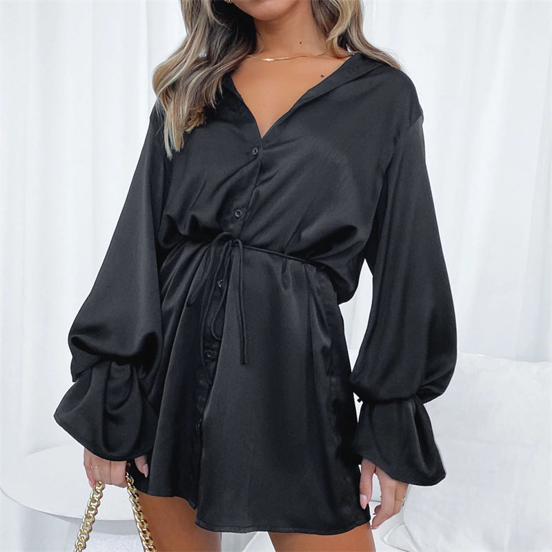 Elegant Satin Flared Long Sleeve Lace up Loose Dress