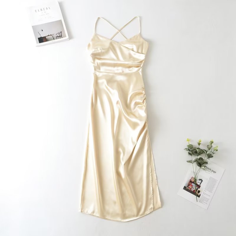 High Waist Backless Mid-Length Strap Satin Dress
