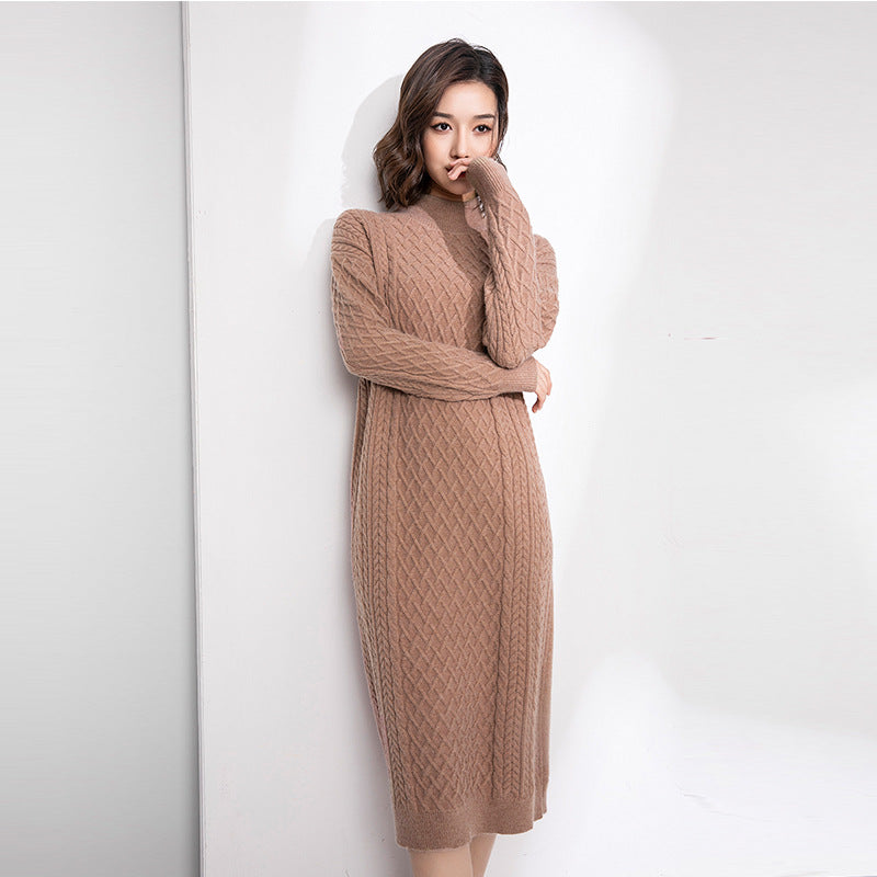 Half High Collar Sweater Knitted Dress Mid Length Loose Over Knee Thickened Base Non Slit Woolen