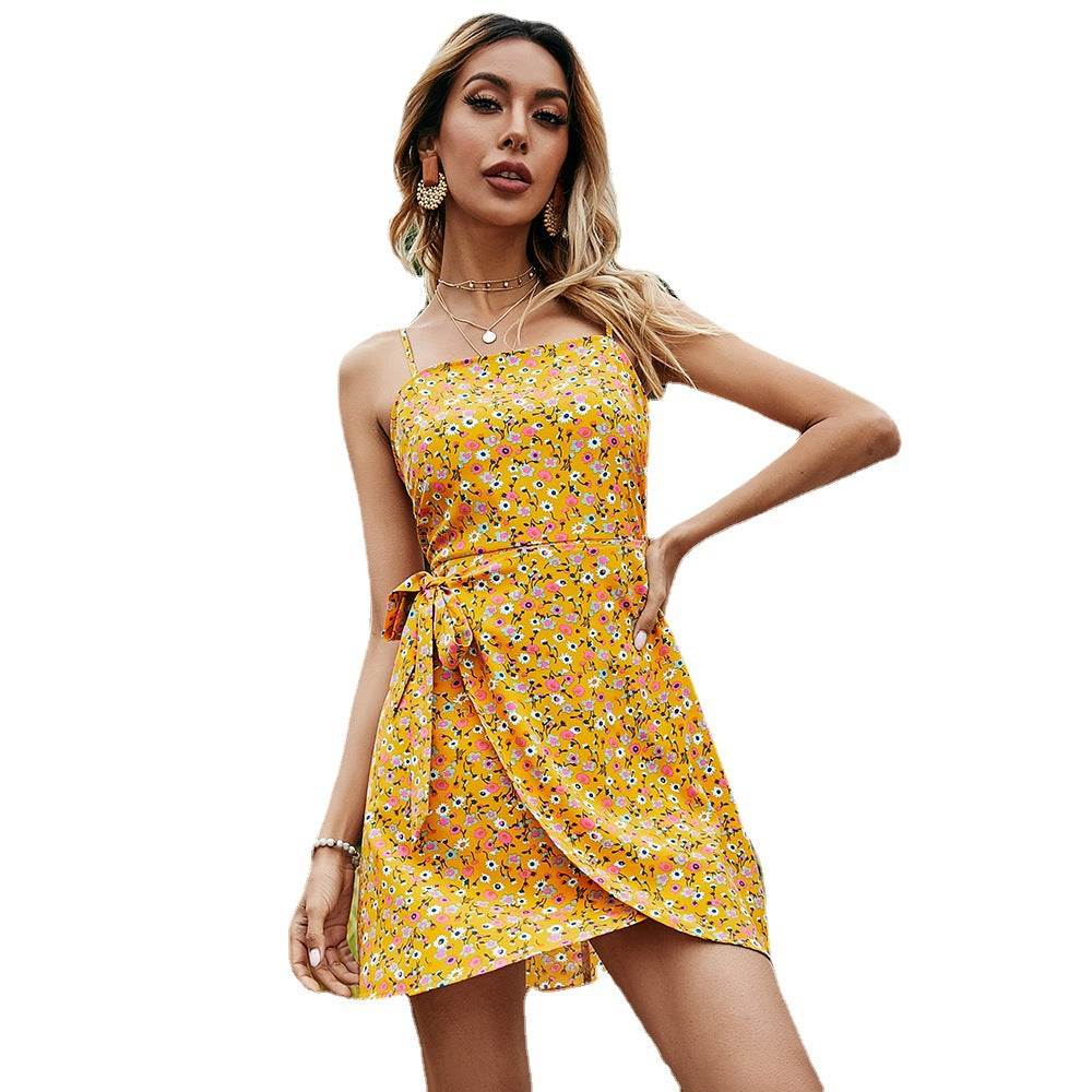 Blue Floral Printed Short Strap Dress Sundress