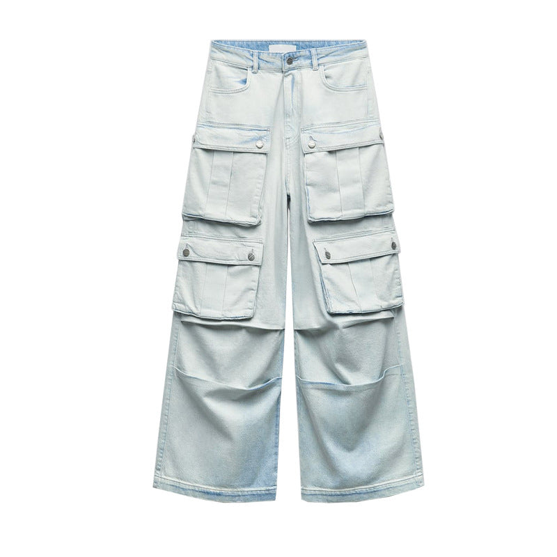 Pantalon ample multi-poches, salopette rétro taille moyenne, jean