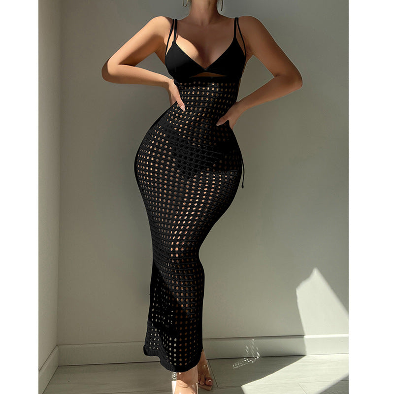 Knitted Camisole Hollow Out Cutout Texture Slim High Waist Maxi Dress Beach Cover up Dress