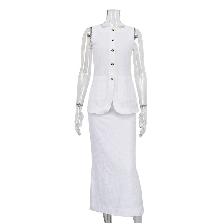 Gilet sans manches à col carré blanc, jupe taille haute, costume High Sense