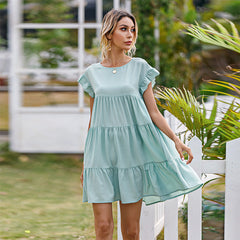 Robe courte et fraîche à manches en feuille de lotus et col rond