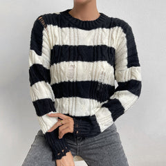 Knitwear Round Neck Striped Ripped Sweater