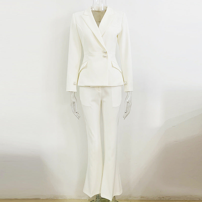 Simple Pearl Button Slim Suit Bootcut Pants Suit Two Piece Suit